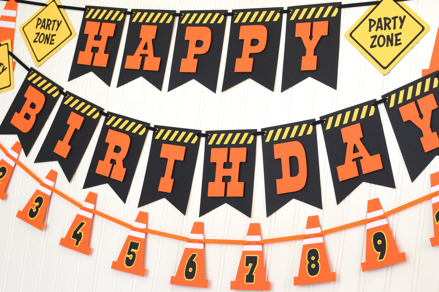Construction Zone Photo Banner | Caution First Birthday Monthly Milestone | Traffic Cones Black, Orange, Yellow