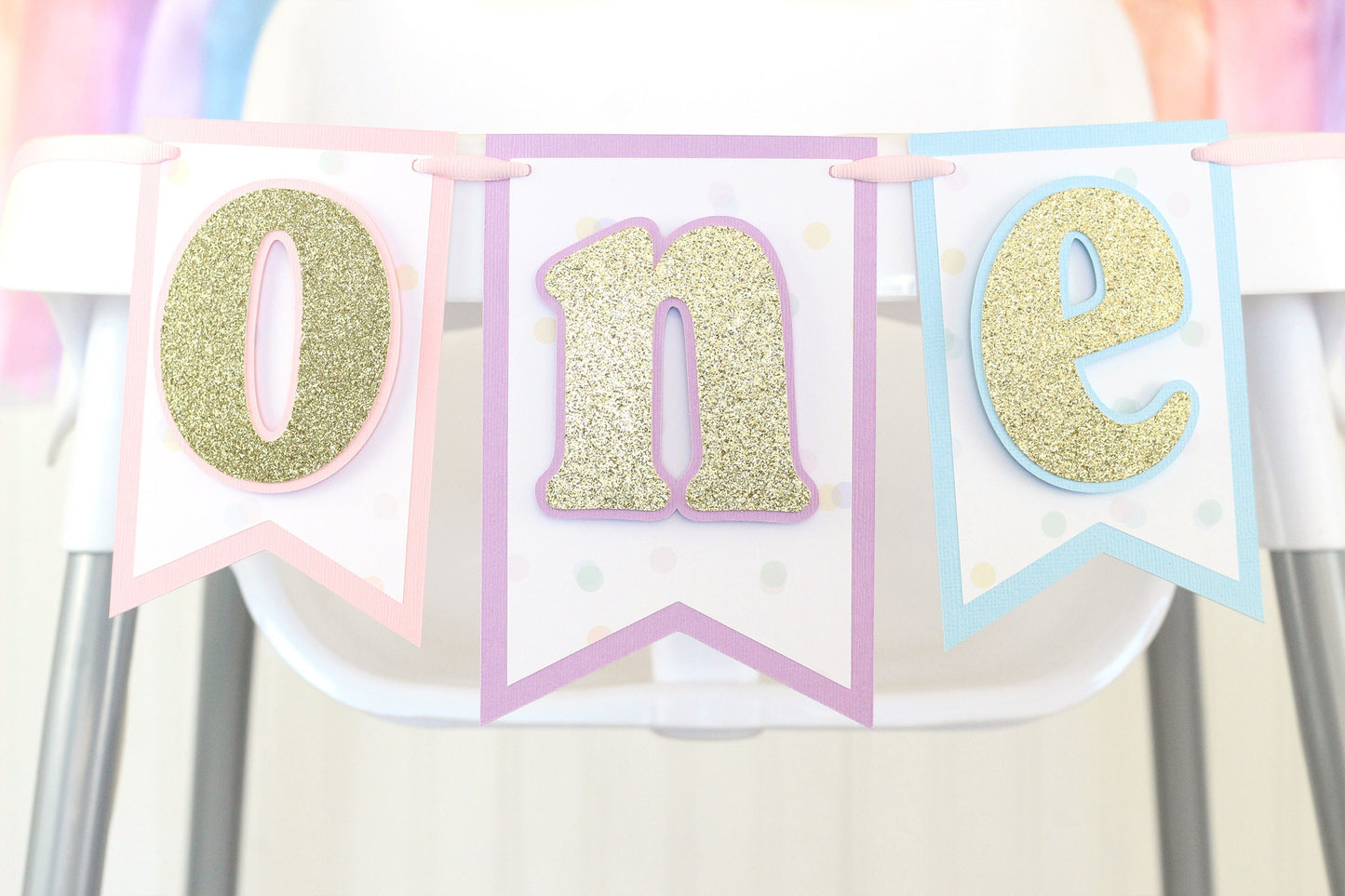 Pastel Rainbow High Chair Banner: Glitter 'One' or 'Two' Garland