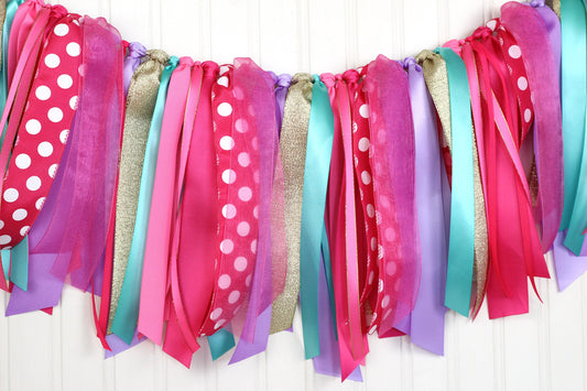 Hot Pink, Purple and Teal Ribbon Garland | Monsters Inc Inspired First Birthday Decoration