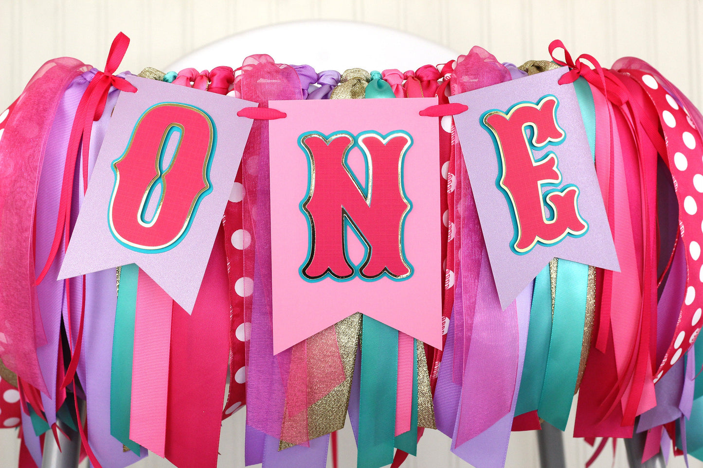 Hot Pink High Chair Banner: Purple, Teal & Gold Ribbon Garland
