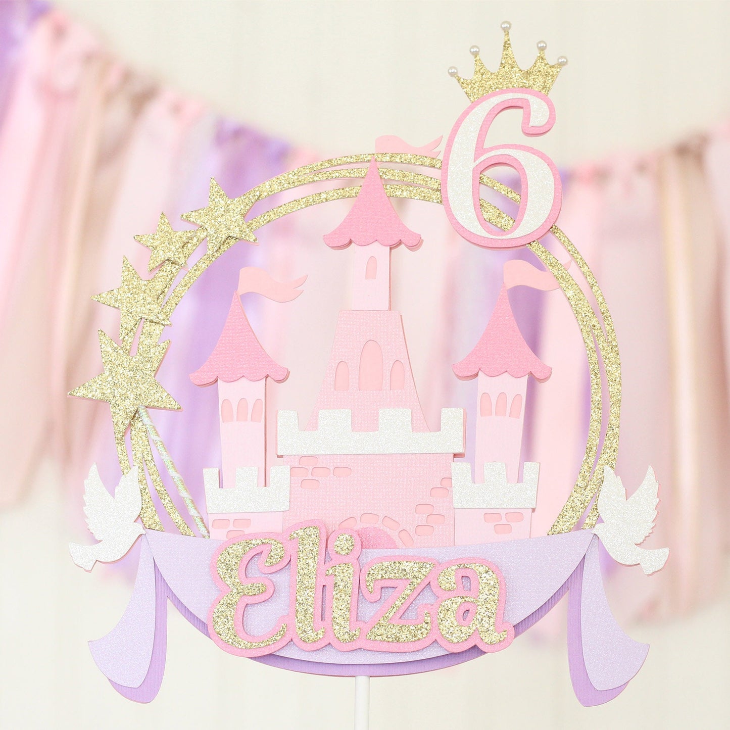 Princess Castle Cake Topper | Personalized Birthday Party Decor | Pink, Purple, White and Glitter Gold