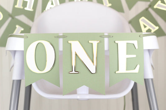 Sage Green, White and Gold High Chair Birthday Banner