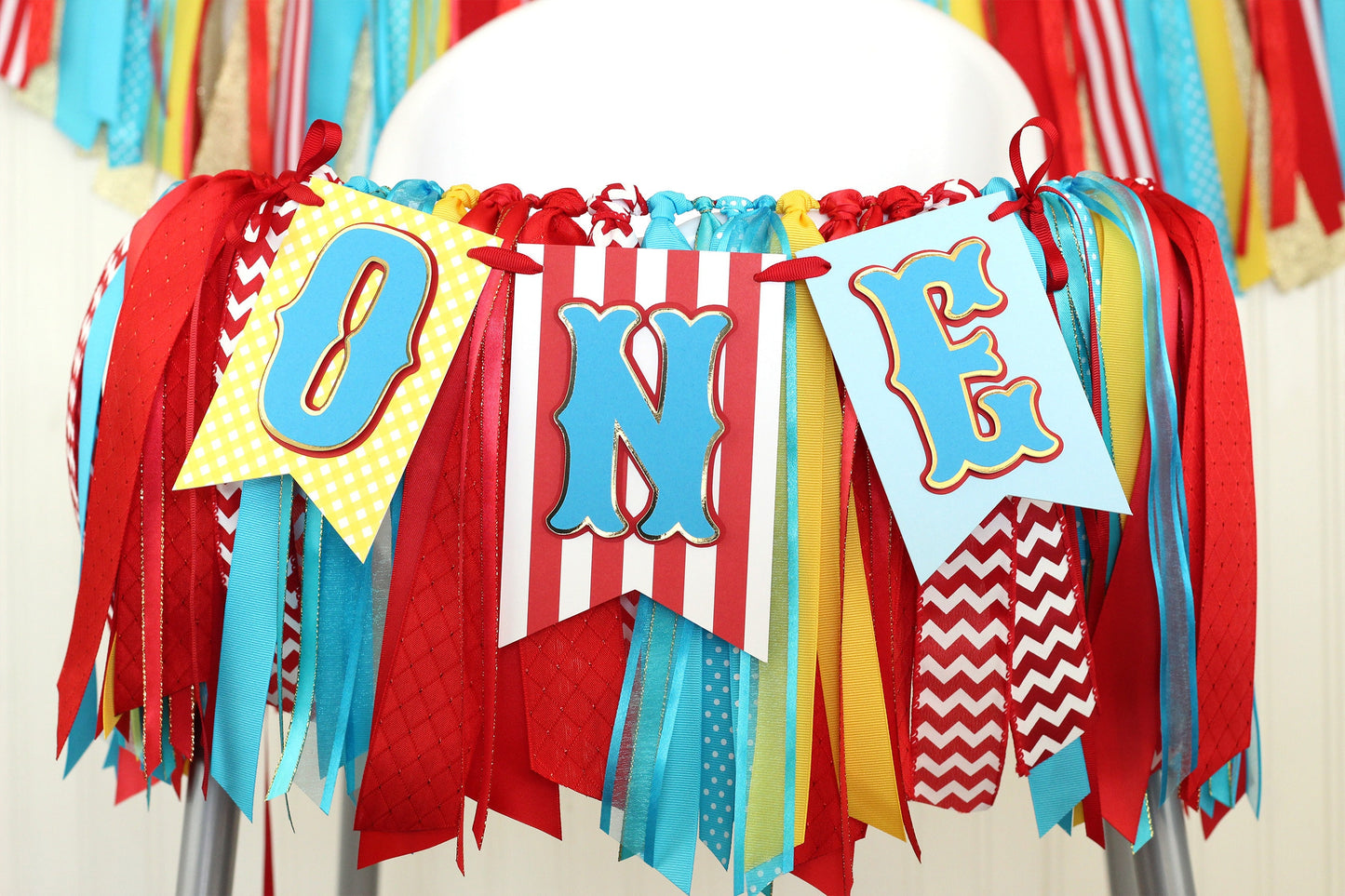 Carnival Circus High Chair Banner: Red, Turquoise & Gold Ribbon Garland