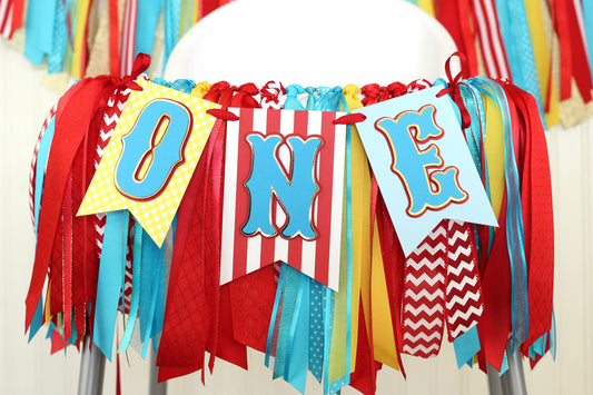 Carnival Circus High Chair Banner: Red, Turquoise & Gold Ribbon Garland