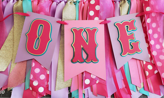 Hot Pink High Chair Banner: Purple, Teal & Gold Ribbon Garland