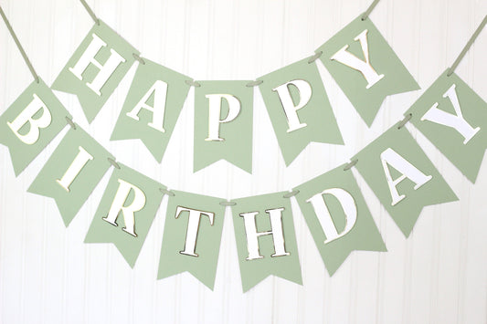 Sage Green, Gold and White Birthday Banner