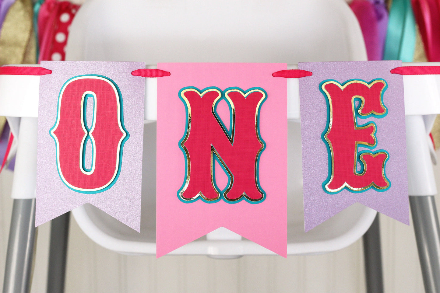 Hot Pink High Chair Banner: Purple, Teal & Gold Ribbon Garland