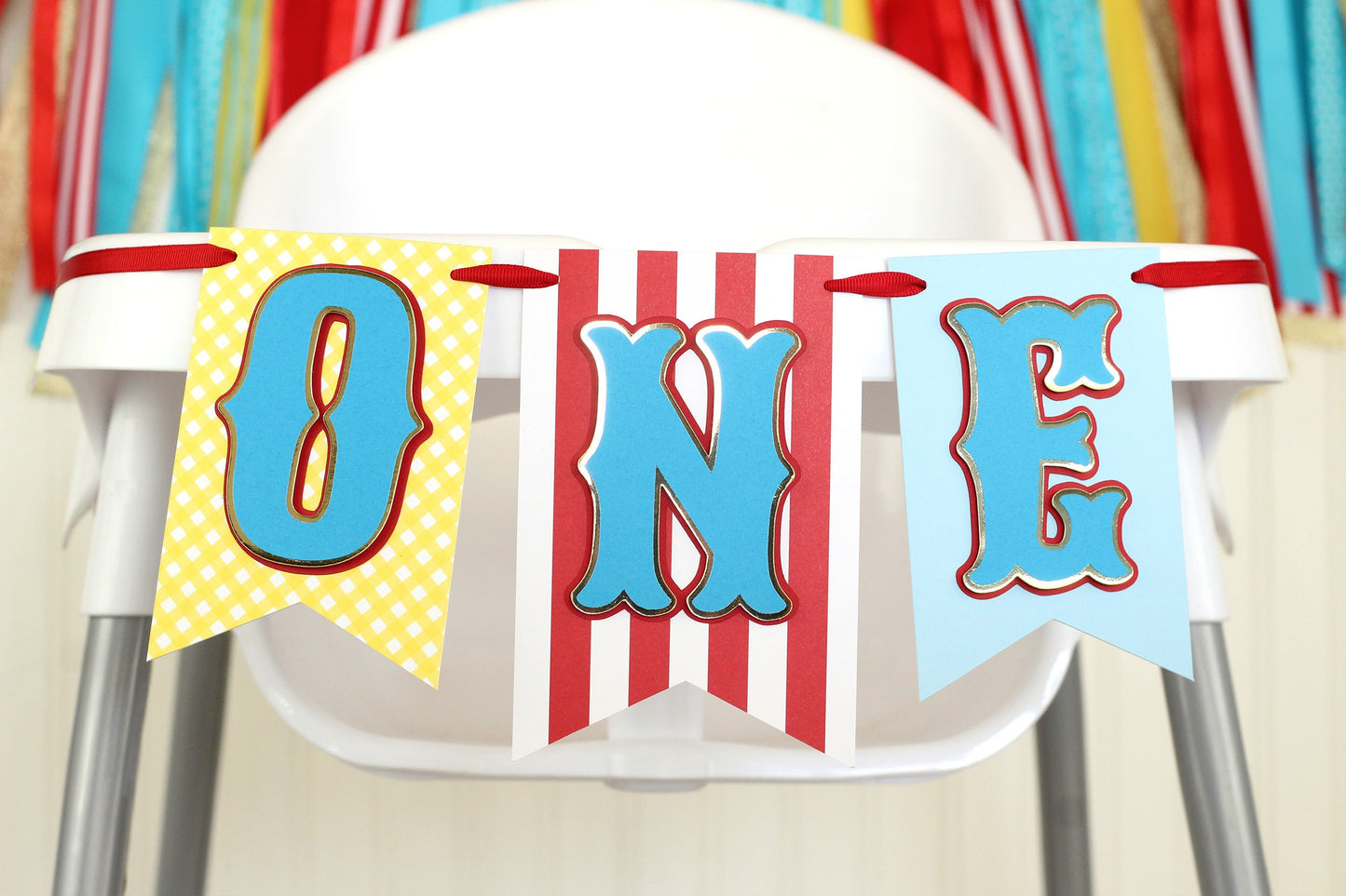 Carnival Circus High Chair Banner: Red, Blue, Yellow 'ONE' or 'TWO'