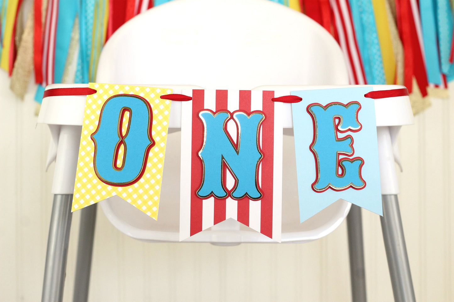 Carnival Circus High Chair Banner: Red, Blue, Yellow 'ONE' or 'TWO'