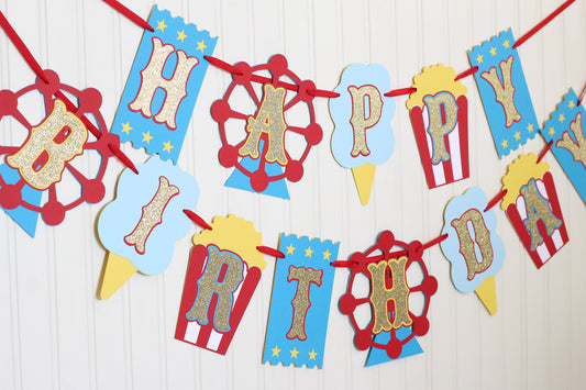 Carnival Birthday Banner: Circus Theme, Glitter Gold