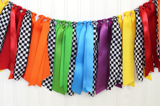Race Car Ribbon Garland: Colorful Checkered Party Decoration