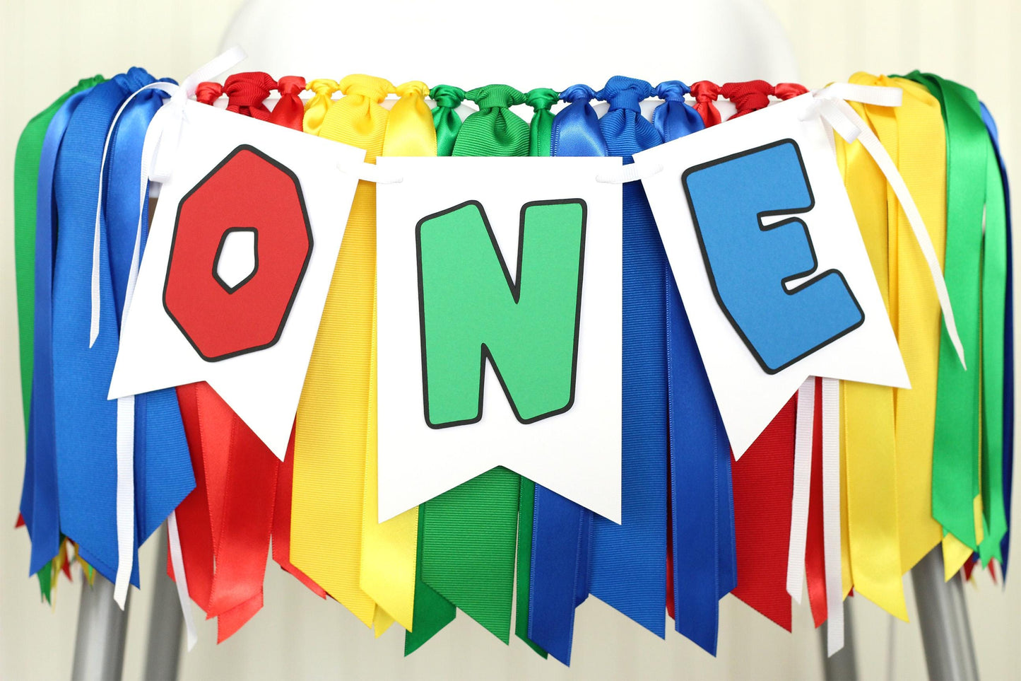Super Mario Inspired High Chair Banner: Red, Yellow, Green, Blue Ribbon Garland