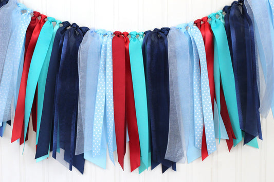 Red, Navy, Teal Ribbon Garland: Airplane Birthday Party Decoration