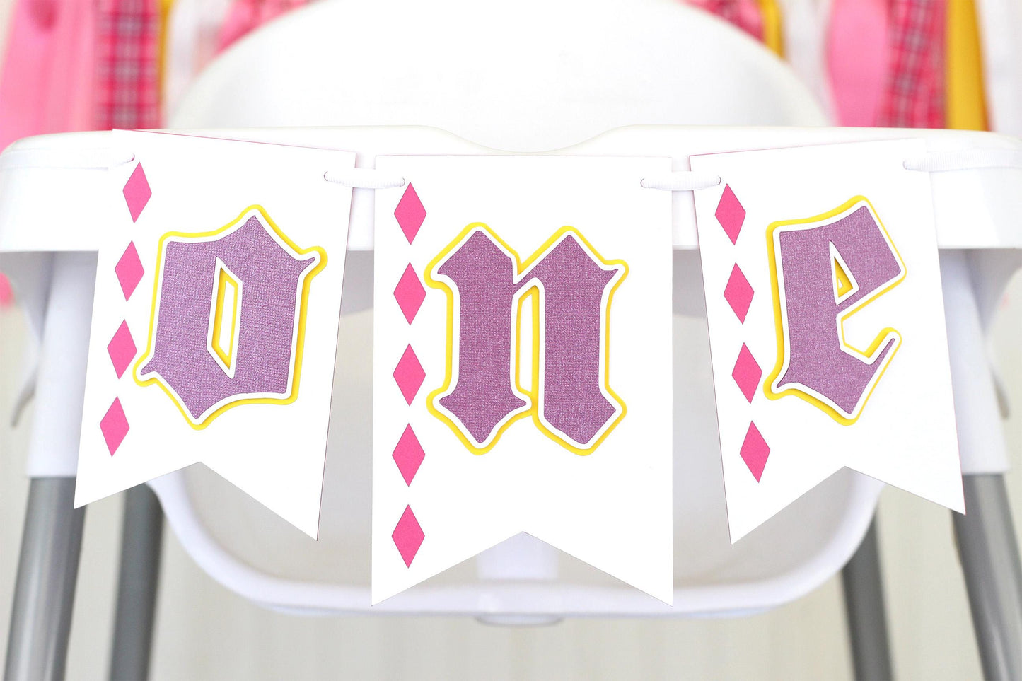 First Birthday High Chair Banner: Hot Pink, Purple, Yellow