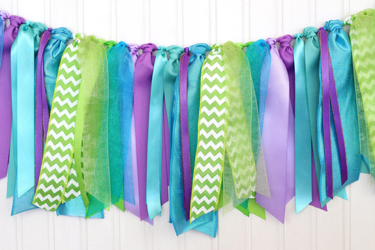 Turquoise, Purple and Lime Green Ribbon Garland | Monsters Inc Inspired First Birthday Decoration