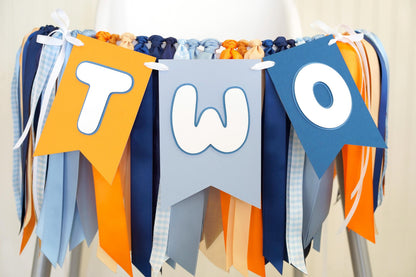 Bluey High Chair Banner: 'ONE' or 'TWO' - Blue & Orange Ribbon Garland