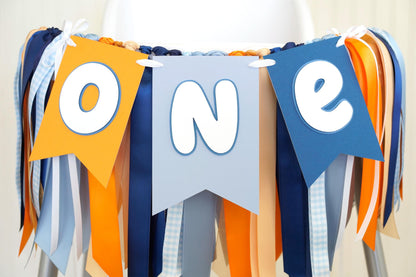 Bluey High Chair Banner: 'ONE' or 'TWO' - Blue & Orange Ribbon Garland
