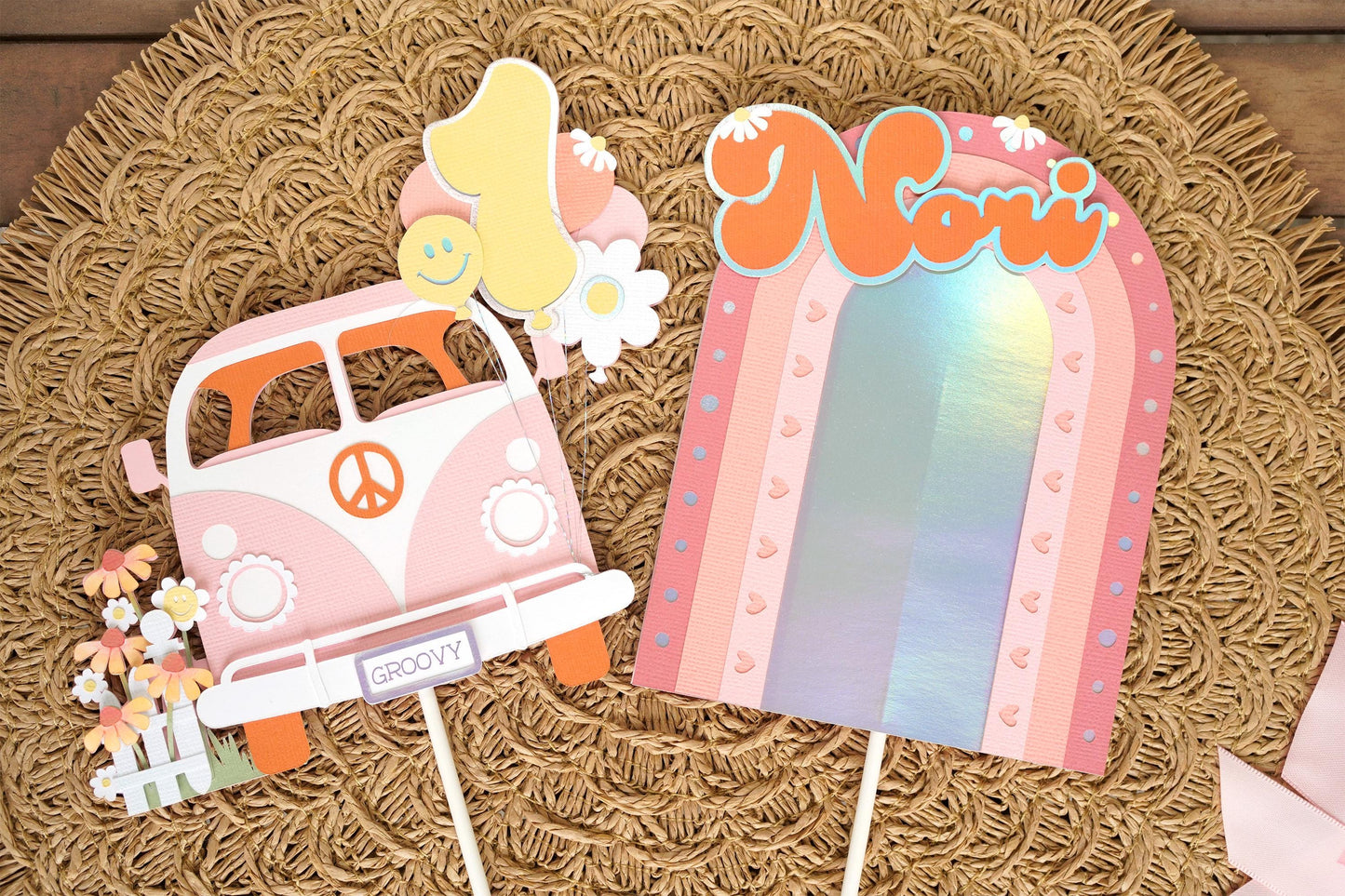 Groovy Cake Topper 2-piece Set | 70s Birthday Party Decor | Pink, Peach, Yellow and Orange
