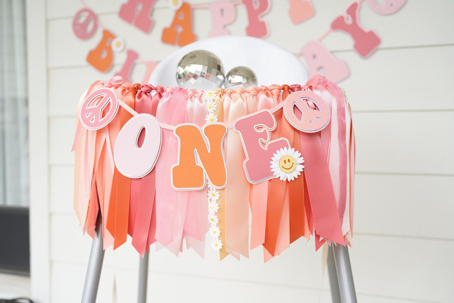 Groovy High Chair 'ONE' Banner: Pink Peach Ribbon Garland