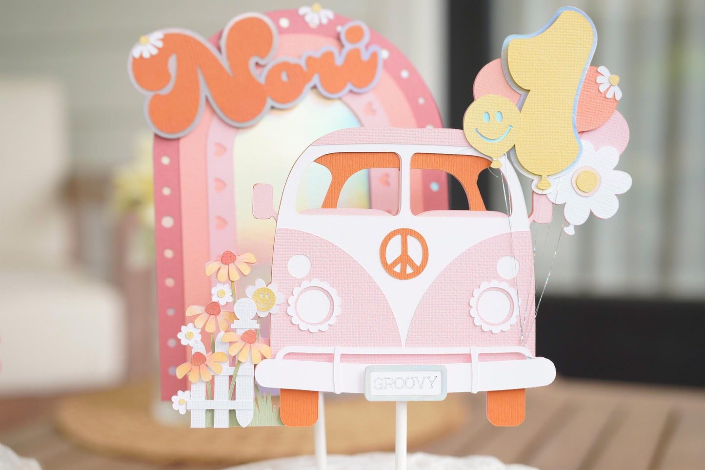 Groovy Cake Topper 2-piece Set | 70s Birthday Party Decor | Pink, Peach, Yellow and Orange