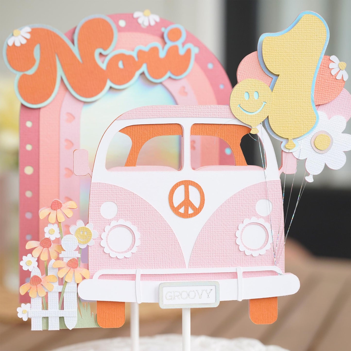 Groovy Cake Topper 2-piece Set | 70s Birthday Party Decor | Pink, Peach, Yellow and Orange