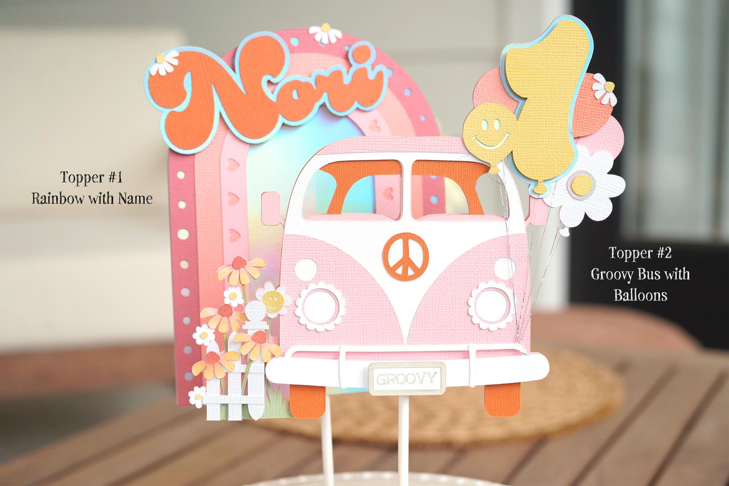 Groovy Cake Topper 2-piece Set | 70s Birthday Party Decor | Pink, Peach, Yellow and Orange