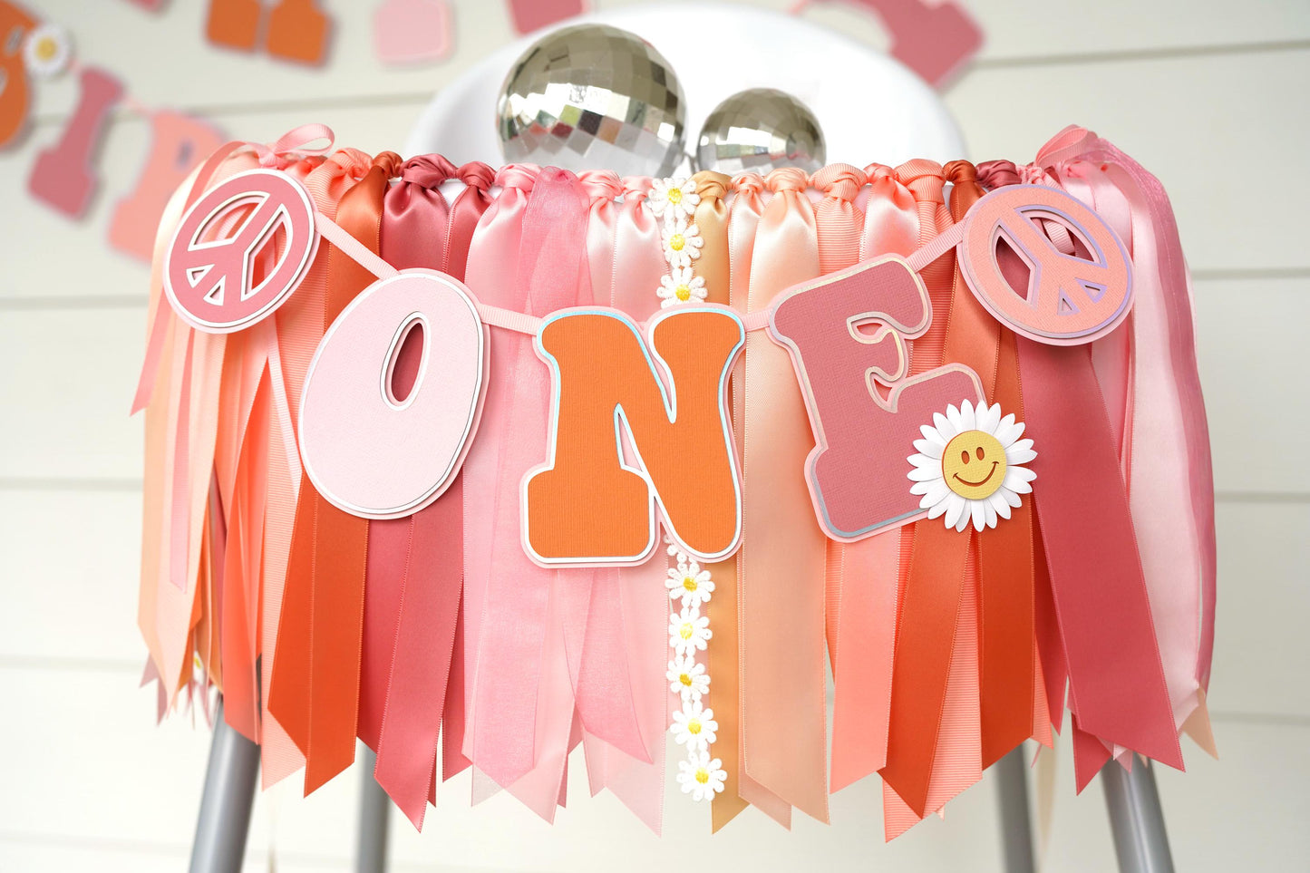 Groovy High Chair 'ONE' Banner: Pink Peach Ribbon Garland