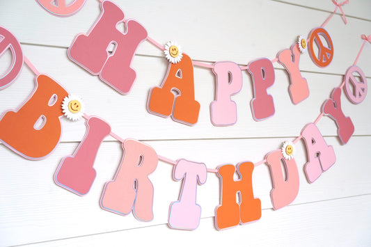 Groovy Birthday Banner | 70s Theme Party Decorations | Pink, Peach, Orange, and Rosewood