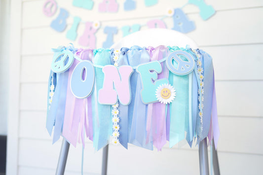 Groovy High Chair Banner: Blue, Aqua, Purple Ribbon Garland