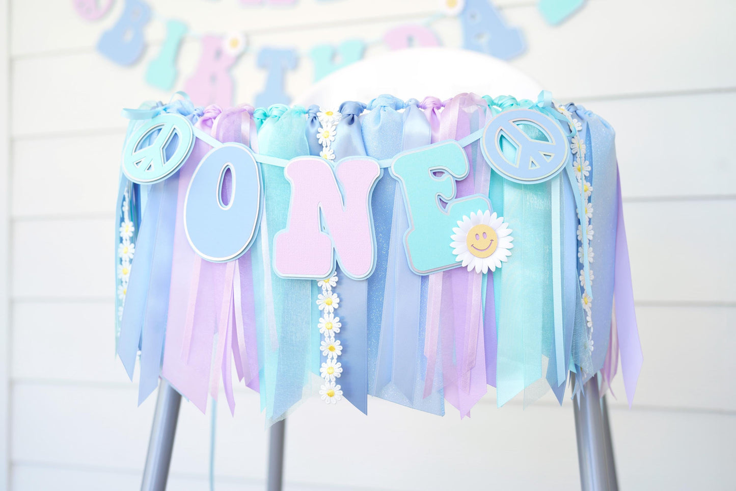 Groovy High Chair Banner: Blue, Aqua, Purple Ribbon Garland