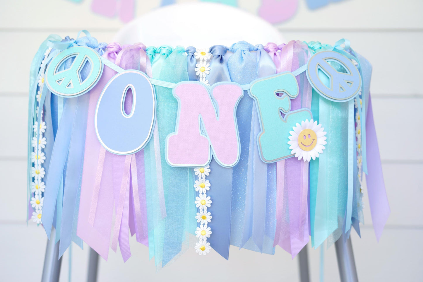 Groovy High Chair Banner: Blue, Aqua, Purple Ribbon Garland