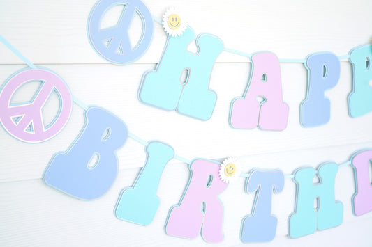 Groovy Birthday Banner | 70s Theme Party Decorations | Light Blue, Lilac and Aqua