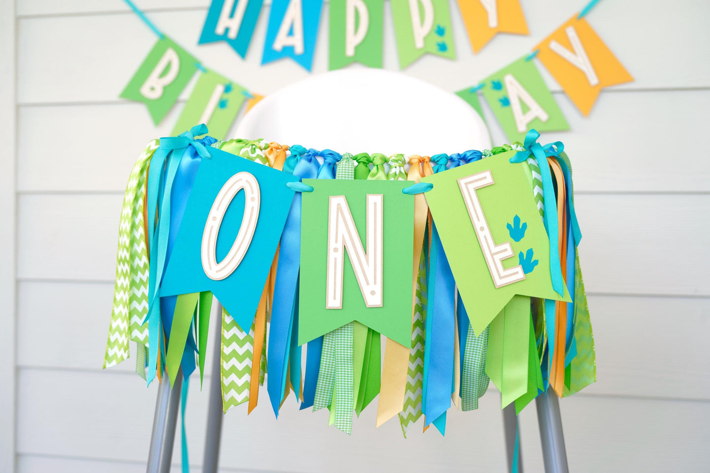 Dino High Chair Banner: Blue, Teal, Green Ribbon Garland - 'ONE' or 'TWO'