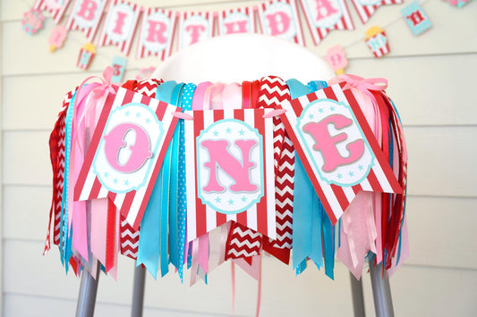 Circus High Chair Banner: Pink, Turquoise, Red 'ONE' or 'TWO'