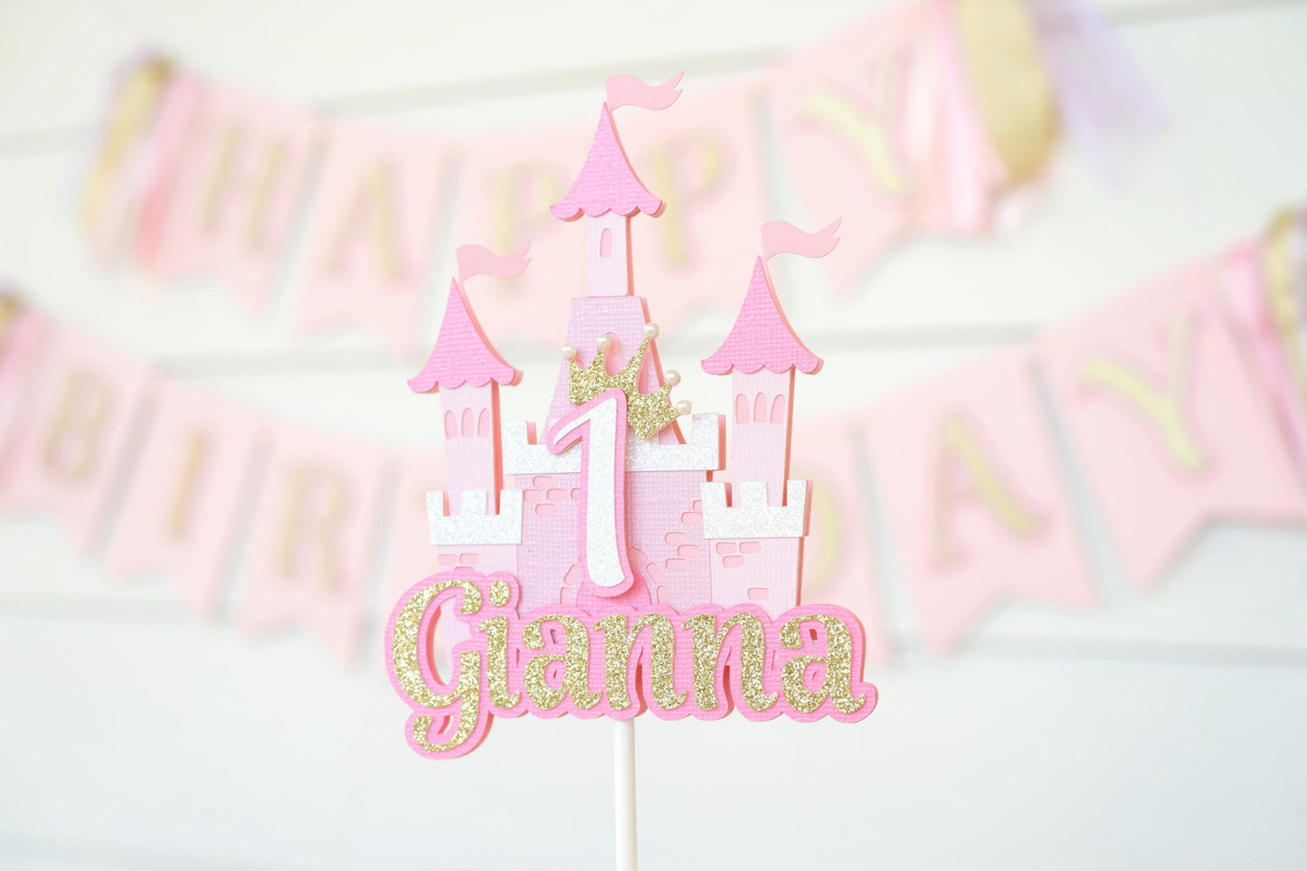 Small Cake Topper | Princess Birthday Party Decor | Pink, Purple, White and Glitter Gold