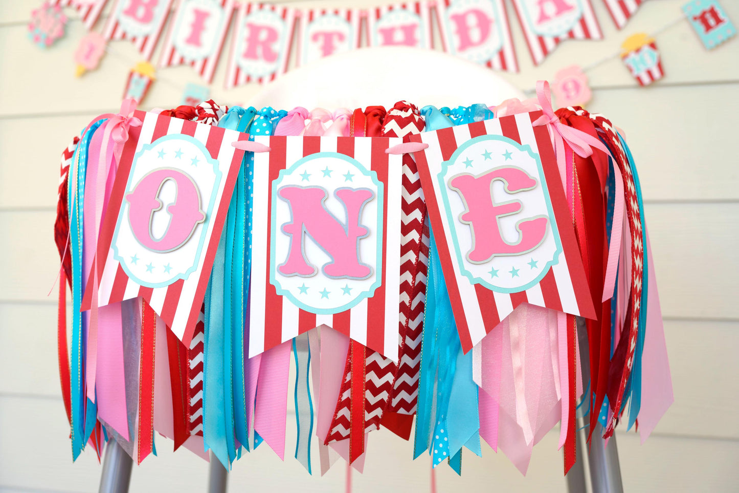 Circus High Chair Banner: Pink, Turquoise, Red 'ONE' or 'TWO'