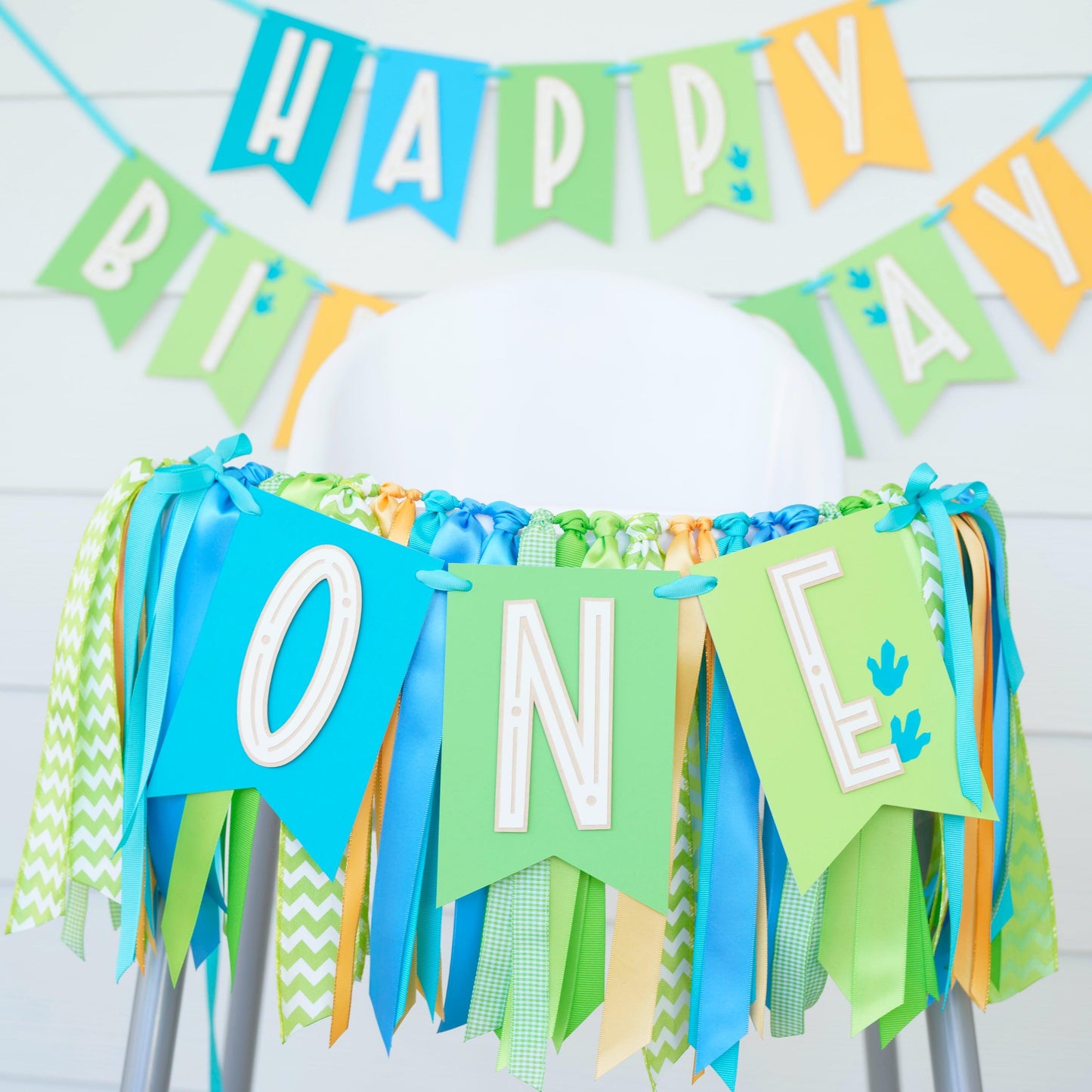 Dino High Chair Banner: Blue, Teal, Green Ribbon Garland - 'ONE' or 'TWO'