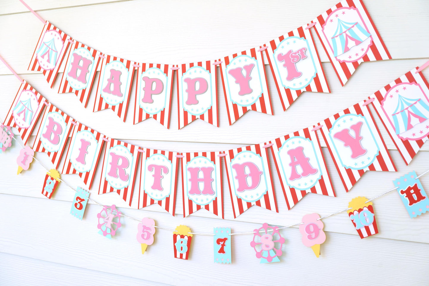 Pink Circus Birthday Banner Bundle: Red, White, Blue 1st Birthday
