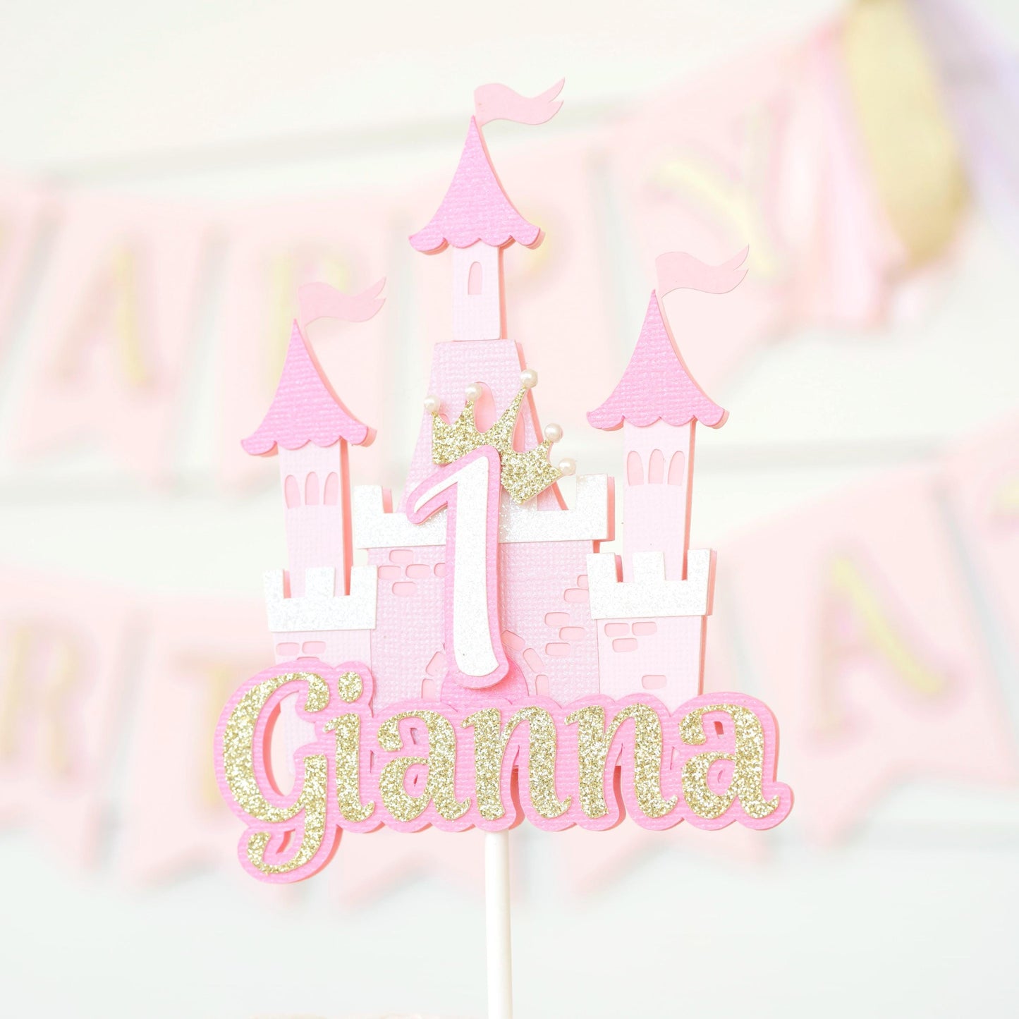 Small Cake Topper | Princess Birthday Party Decor | Pink, Purple, White and Glitter Gold