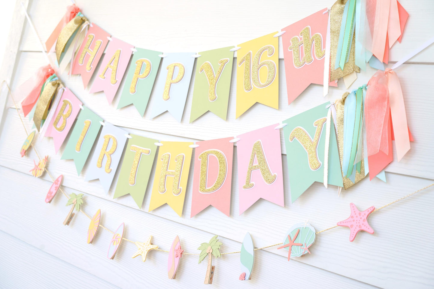Beach Birthday Banner Bundle: Girly Sweet 16, Shells & Surfboard