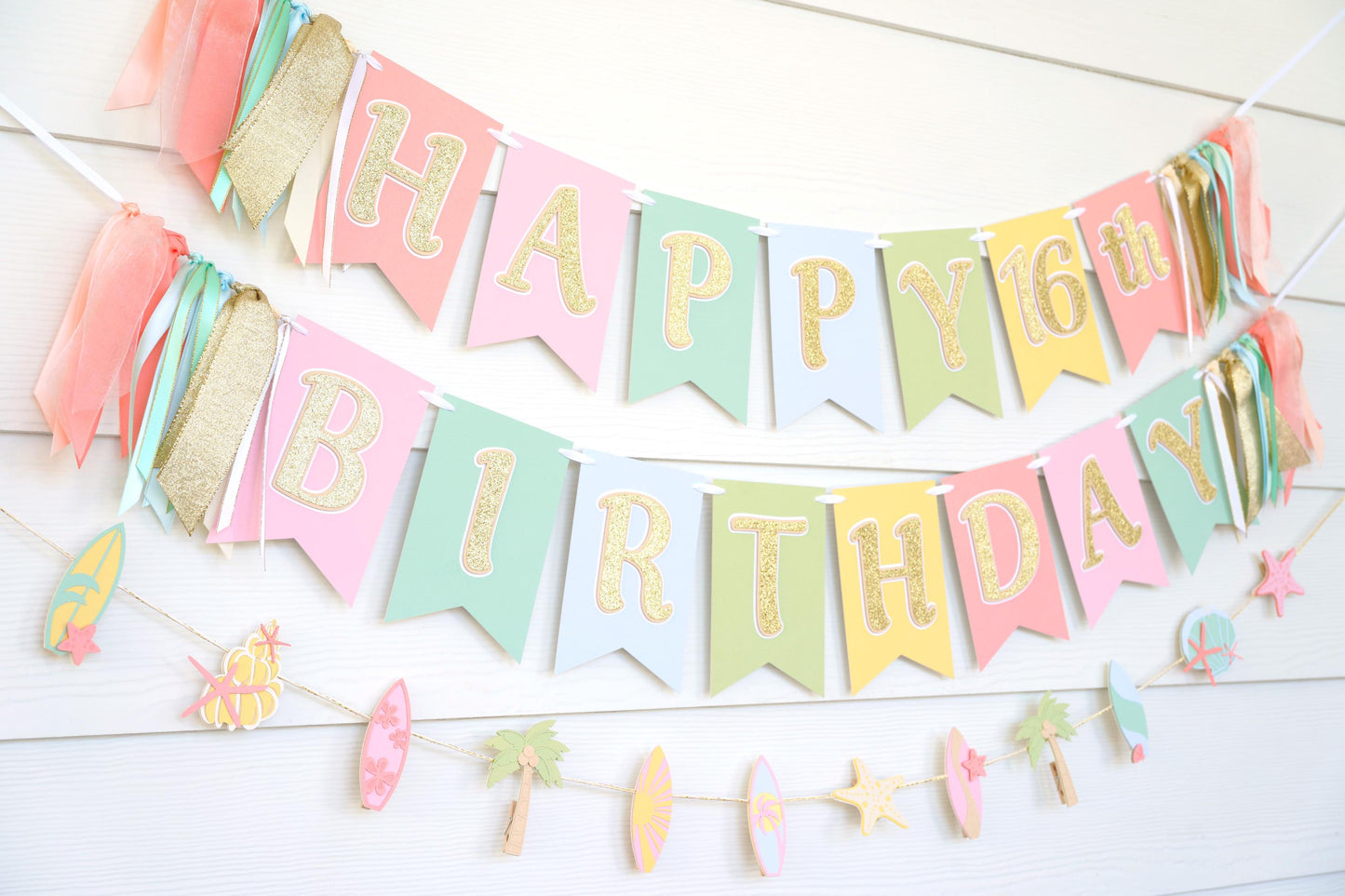 Beach Birthday Banner Bundle: Girly Sweet 16, Shells & Surfboard
