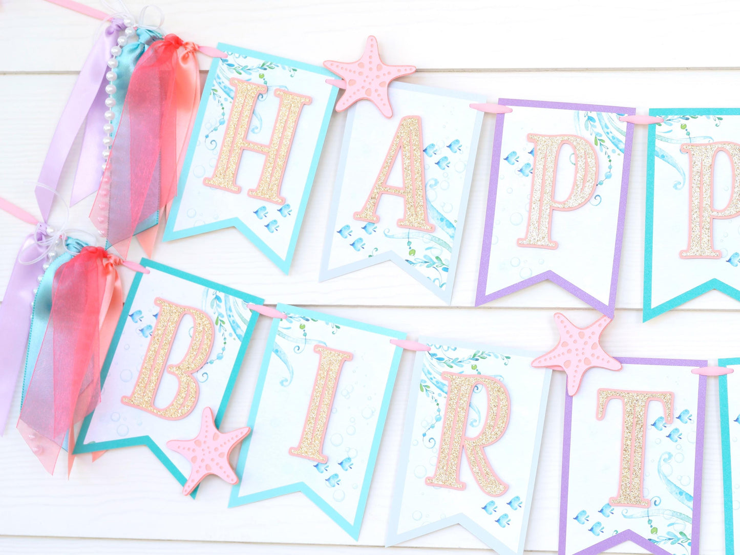 Little Mermaid Birthday Banner with Ribbon, Pearls and Starfish Charms | Aqua Teal Coral Purple
