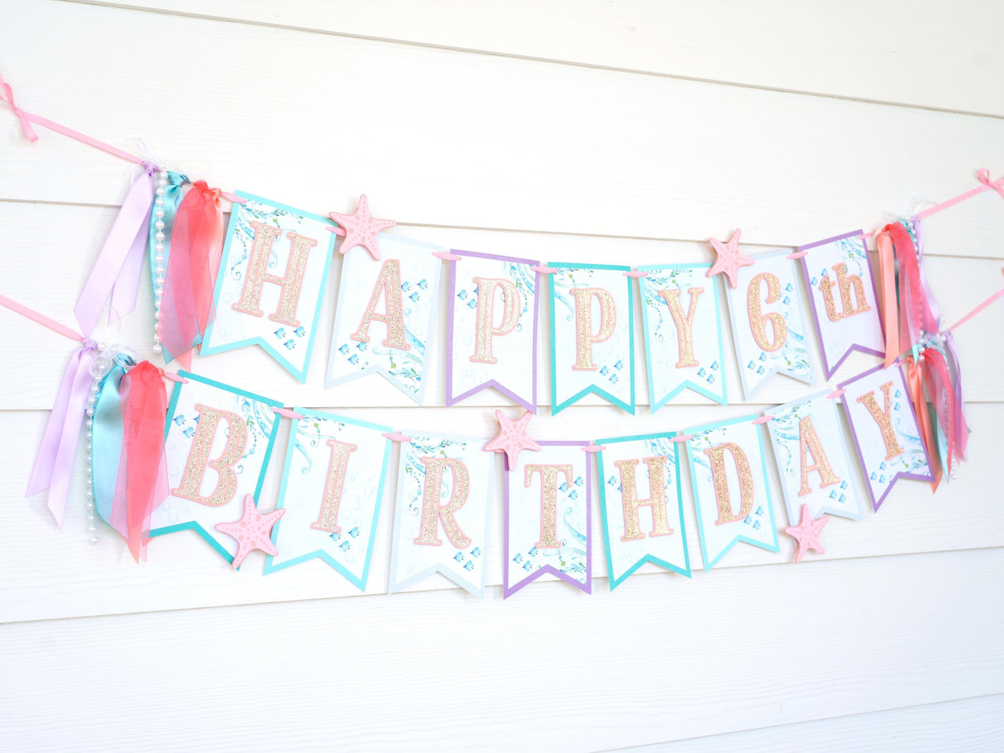 Little Mermaid Birthday Banner with Ribbon, Pearls and Starfish Charms | Aqua Teal Coral Purple