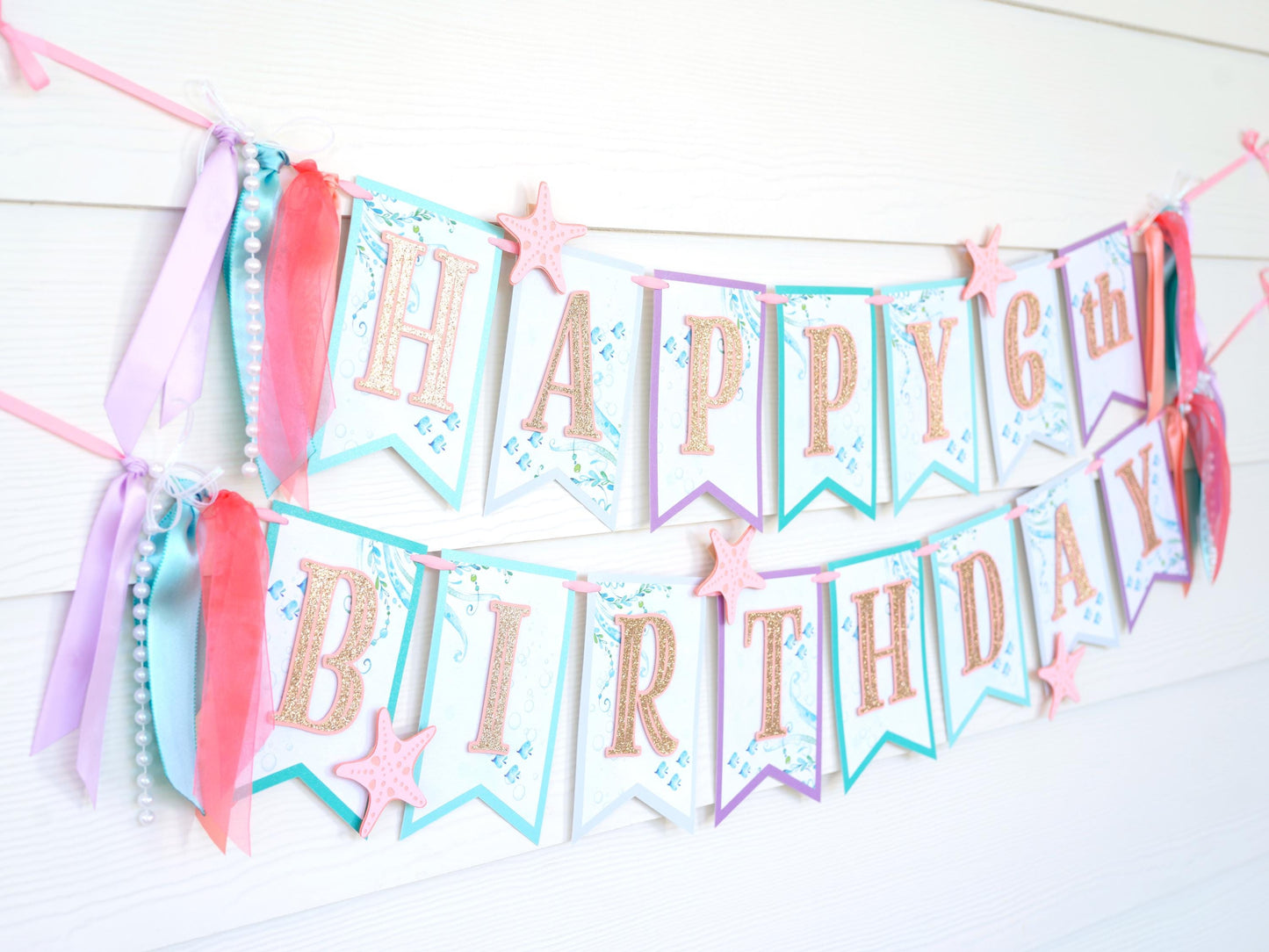 Little Mermaid Birthday Banner with Ribbon, Pearls and Starfish Charms | Aqua Teal Coral Purple