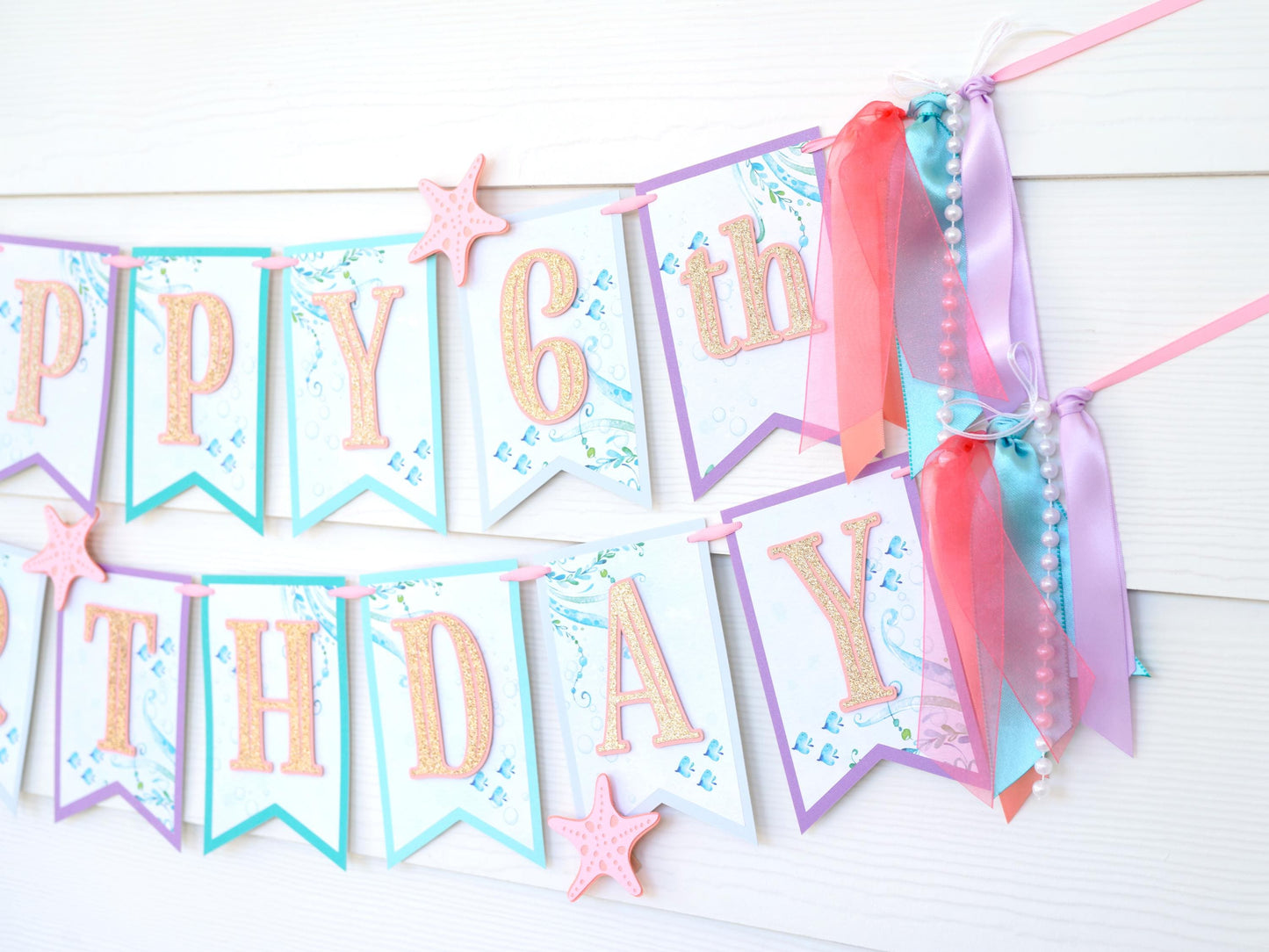 Little Mermaid Birthday Banner with Ribbon, Pearls and Starfish Charms | Aqua Teal Coral Purple