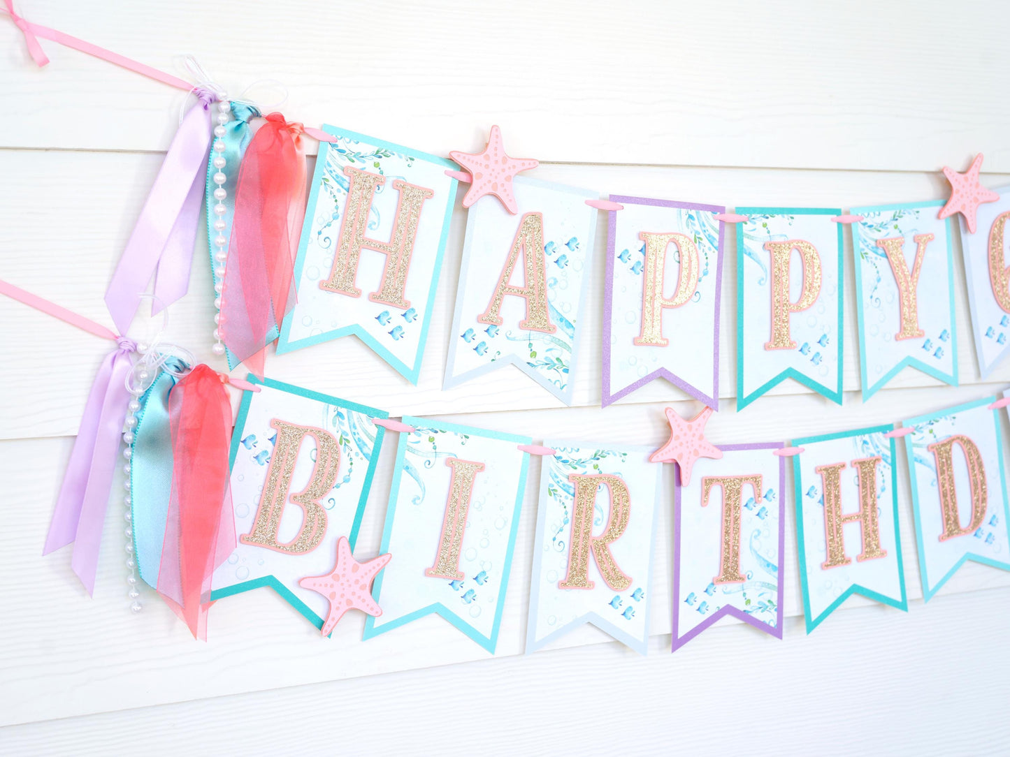 Little Mermaid Birthday Banner with Ribbon, Pearls and Starfish Charms | Aqua Teal Coral Purple