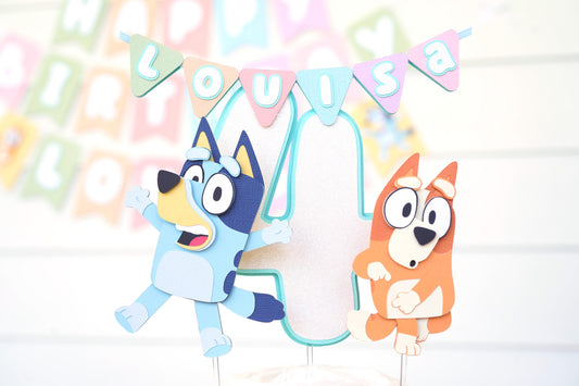Bluey Bingo Cake Topper | Pastel Rainbow Name Bunting with Age | 3-piece Set