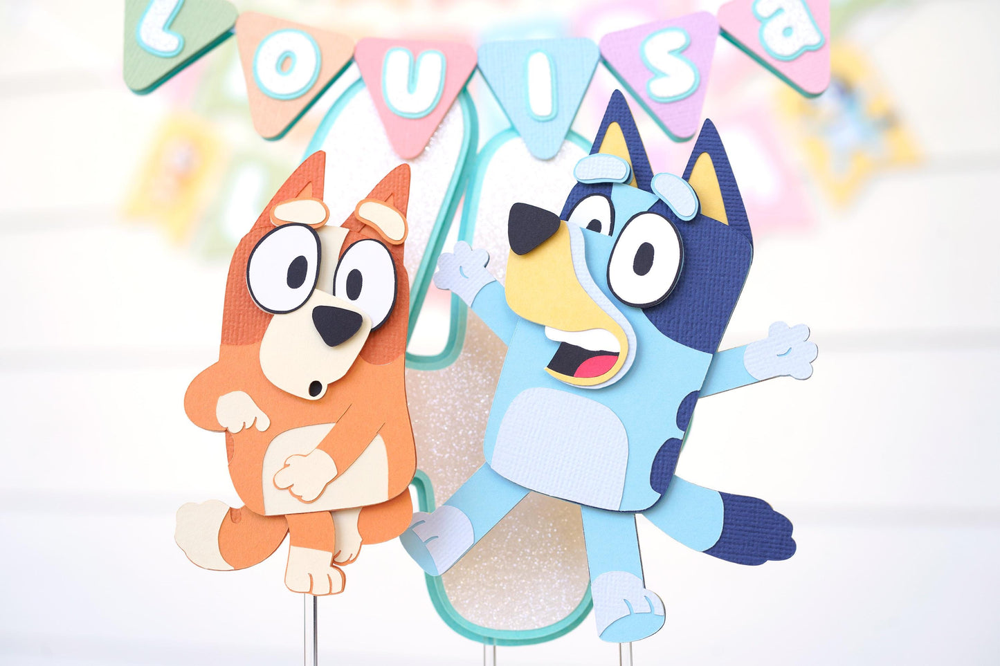 Bluey Bingo Cake Topper | Pastel Rainbow Name Bunting with Age | 3-piece Set