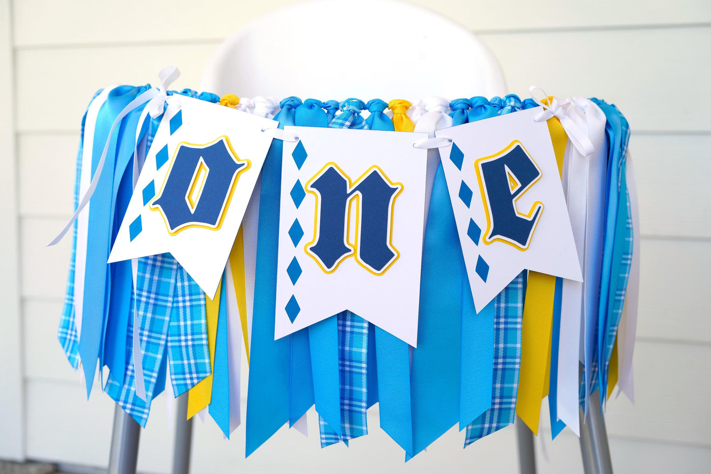 Oktoberfest High Chair Banner: Plaid Ribbon Garland - 'ONE'