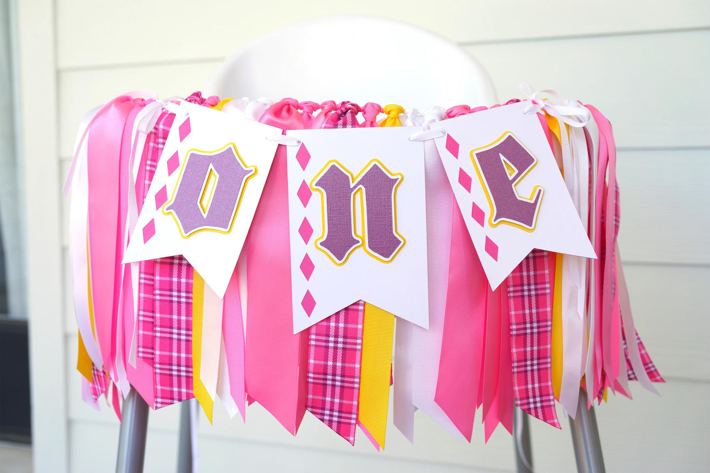 Oktoberfest High Chair Banner: Plaid Ribbon Garland - 'ONE'